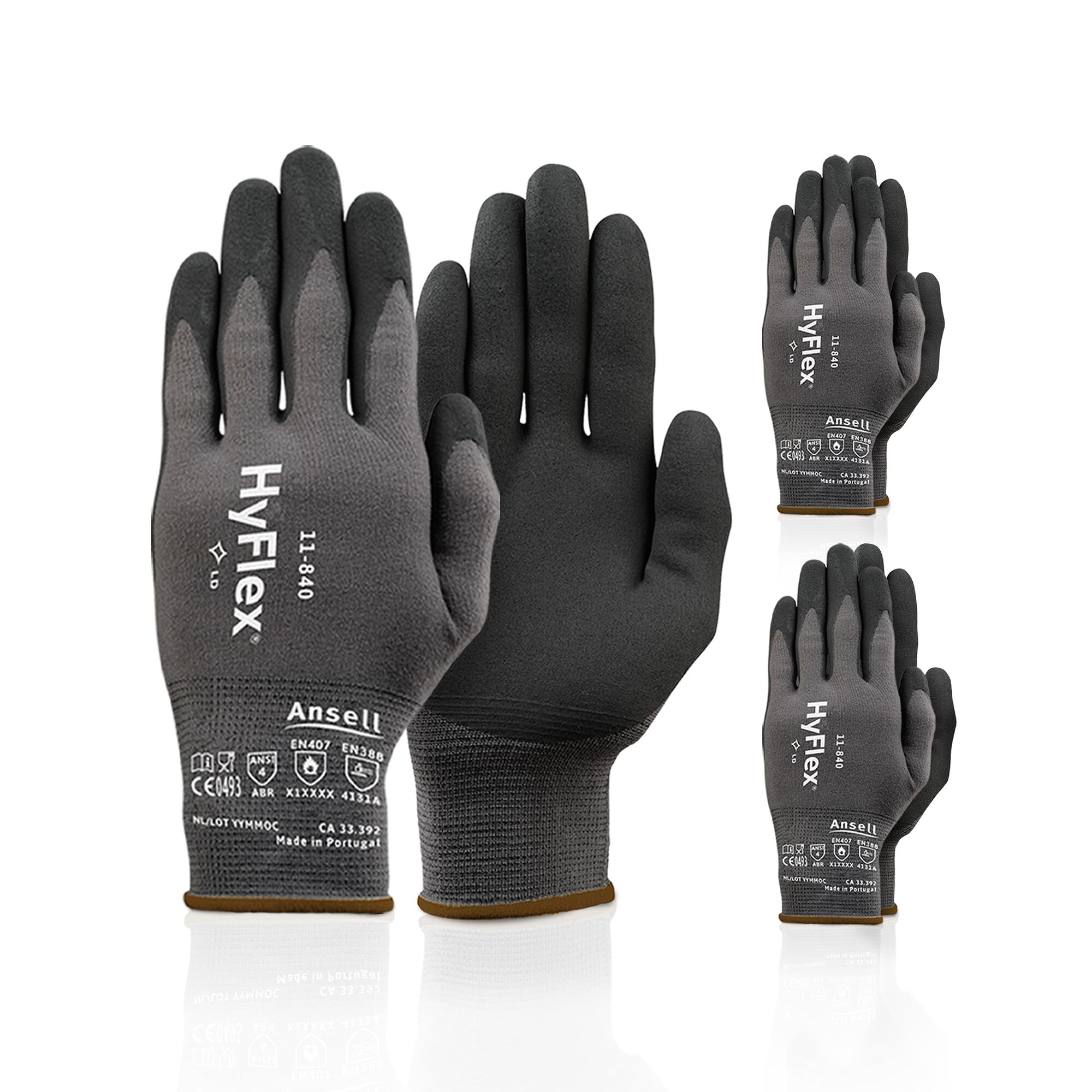 Ansell HyFlex 11-840 Ergonomic Abrasion-Resistant Nylon Spandex Nitrile Coated Industrial Gloves for Automotive, Fabrication - XXL (11) Grey (3 Pairs)