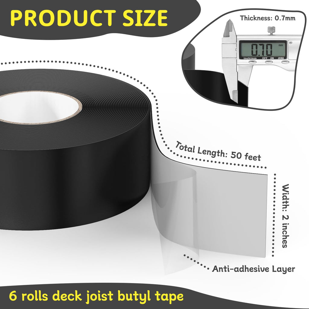 Hanotic Joist Tape for Decking 2'' X 50', 6 Rolls Weather Resistance Butyl Tape, Waterproof and Anti-Corrosion, Self-Adhesive for Wood Joists Decks Beams Roof Extend Deck Life