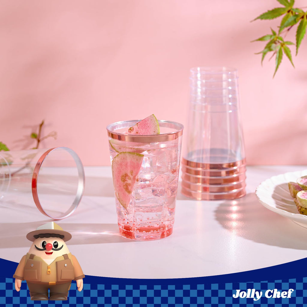 JOLLY CHEF 12 oz Rose Gold Plastic Cups Tumblers 100 Pack Disposable Clear