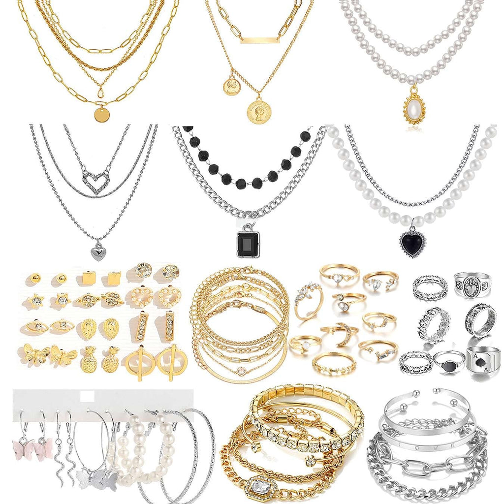 CONGYING 65 Pcs Gold Jewelry Set with 6Pcs Layered Necklace, 11 Pcs anklet and 7Pcs Earring Ear Cuff,11Hoop Earrings,15pcs Rings,15pcs stud earrings Jewerly set for Women Pack for Party GiftL