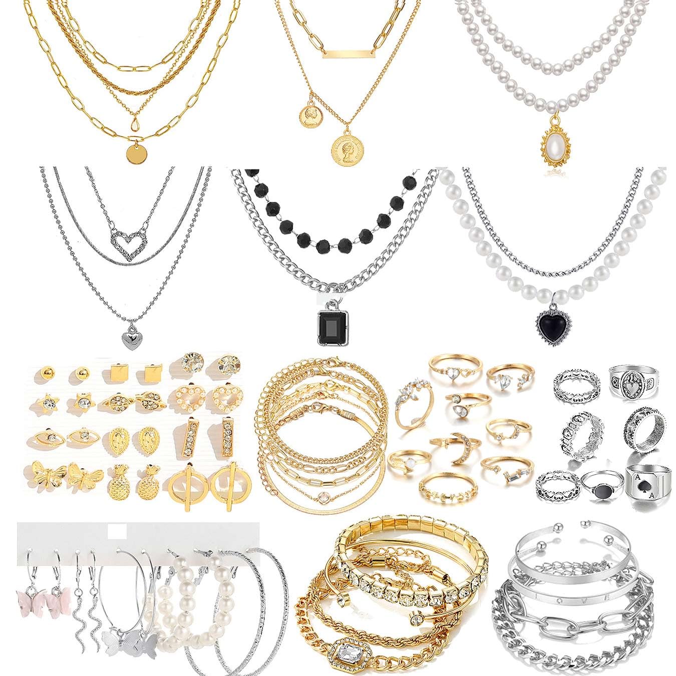 CONGYING 65 Pcs Gold Jewelry Set with 6Pcs Layered Necklace, 11 Pcs anklet and 7Pcs Earring Ear Cuff,11Hoop Earrings,15pcs Rings,15pcs stud earrings Jewerly set for Women Pack for Party GiftL