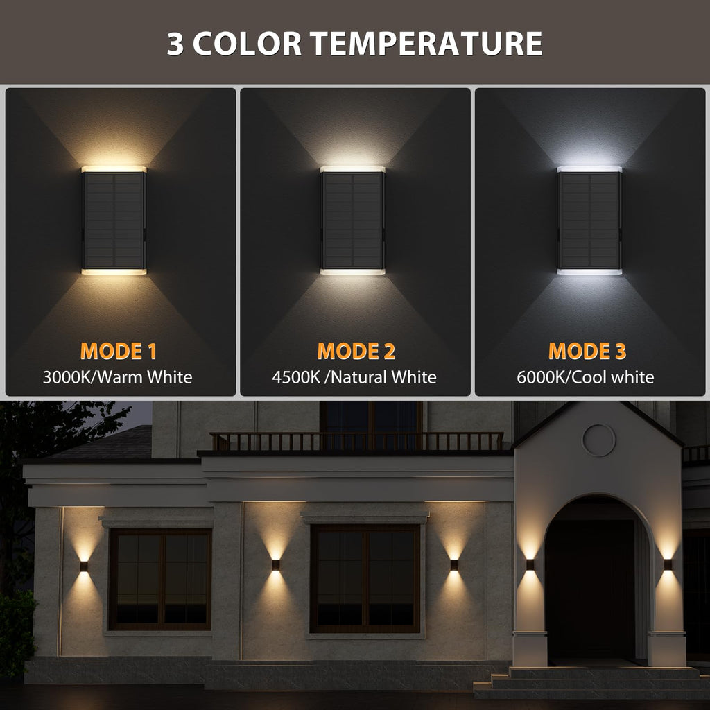 UGDLUCK Solar Wall Light Outdoor,3000/4000/6000K 3 Modes Dusk to Dawn Lighting Wall Sconce IP67 Waterproof Up and Down Solar Lights Outdoor for House, Garage, Porch,Doorway (2 Pack)