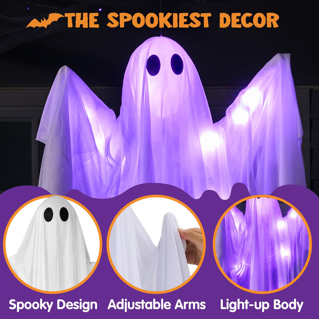 JOYIN Halloween Hanging Light up Ghost, 47" White Ghosts with Purple LED Light and Timer Halloween Hanging Decoration Waterproof for Front Yard Patio LawnGarden Party Decor Indoor Outdoor