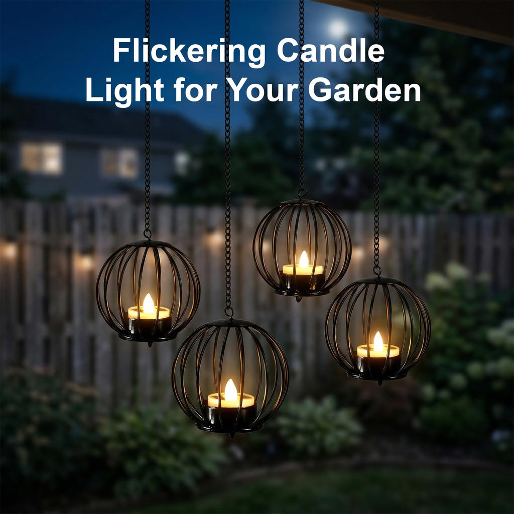 Edenseelake Solar Hanging Lanterns Outdoor Waterproof, Metal Ball Candle Holder with Flickering Solar Powered, Chargeable Solar Lights for Backyard Patio Garden Fence Tree Decoration, 4 Pack