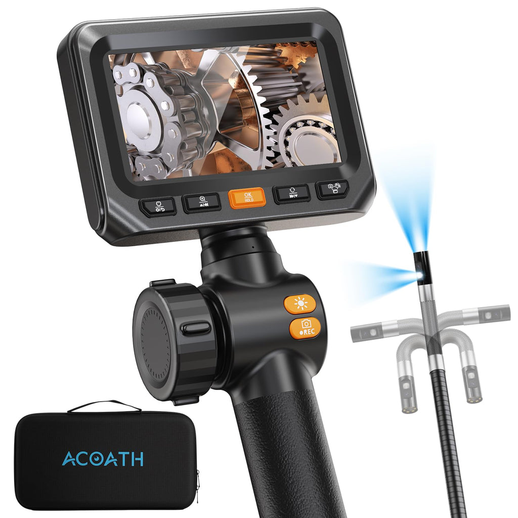 Acoath Two-Way Articulating Borescope, Endoscope Camera with Light, Dual-Lens 1080P Industrial Inspection Camera, 4.3" IPS Screen, 32GB Card, IP67 Waterproof Sewer Tools - 5FT