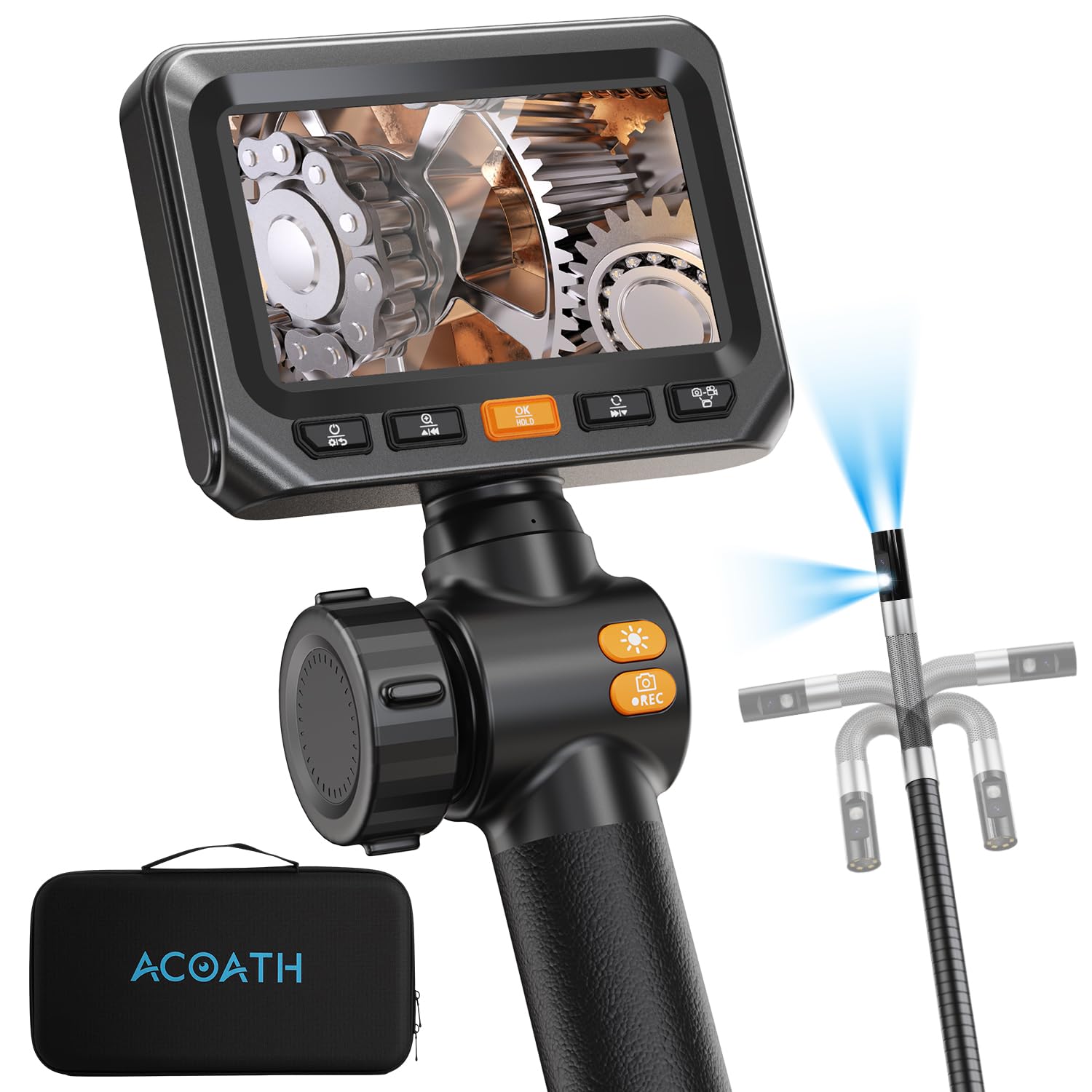 Acoath Two-Way Articulating Borescope, Endoscope Camera with Light, Dual-Lens 1080P Industrial Inspection Camera, 4.3" IPS Screen, 32GB Card, IP67 Waterproof Sewer Tools - 5FT