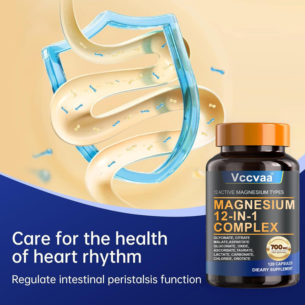 Magnesium Complex 700mg | 12-in-1 High Absorption Supplement | Glycinate, Citrate, Malate, Taurate & More | Sleep Support, Muscle Cramp Relief, Stress, Heart, Bone & Nerve Health | 120 Vegan Capsules