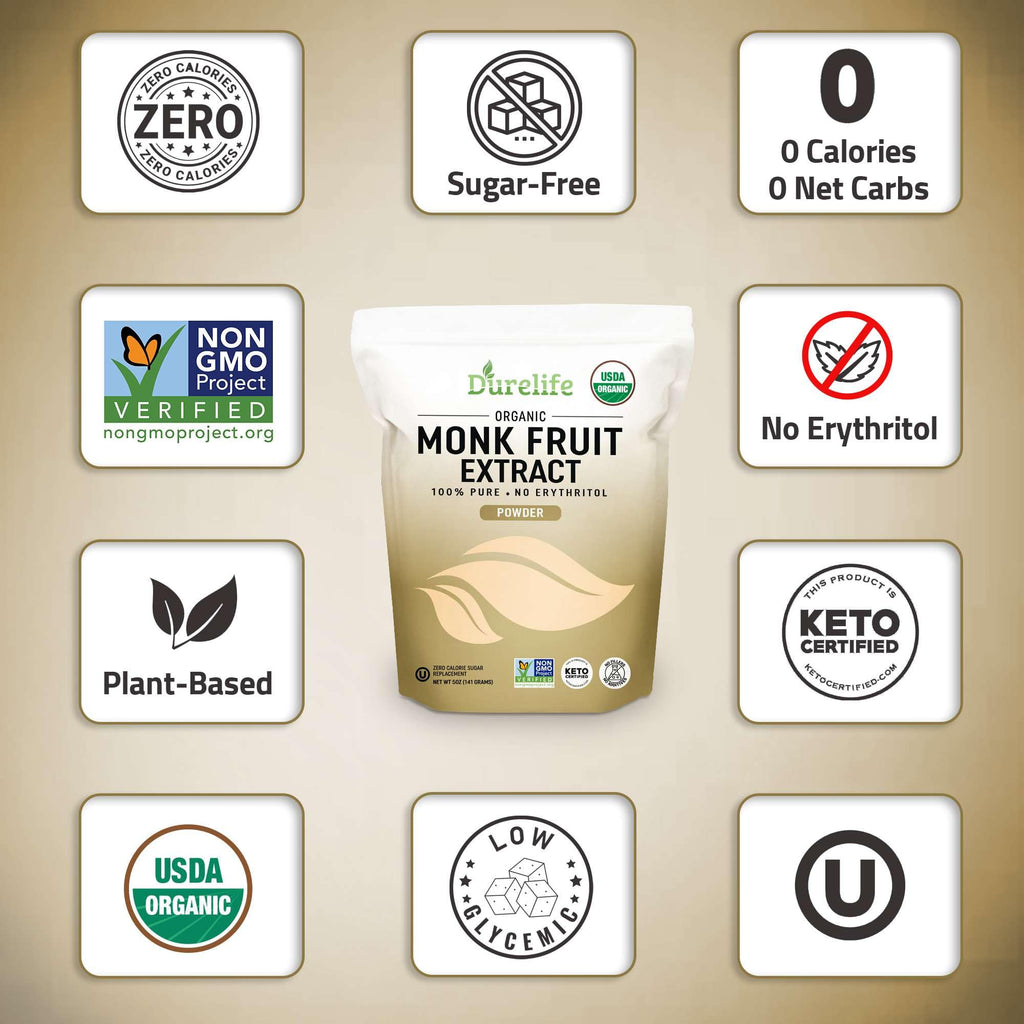 Durelife Organic 100% Pure Monk Fruit sweetener, No Erythritol, Monkfruit Extract Powder, USDA organic NON-GMO Project Verified, Keto Certified, OU kosher No Fillers Zero Calorie Sugar Substitute 5 OZ