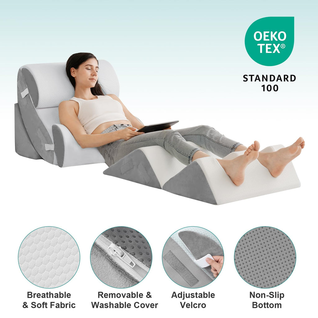 Hansleep Bed Wedge Pillow Set for After Surgery 6PCS, Post Surgery Pillow for Sleep Apnea and Acid Reflux Relief, Adjustable Reading Pillows Back Support with Memory Foam, White, 23"