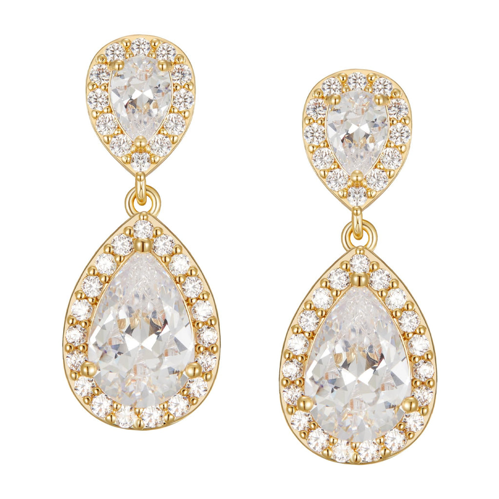 SWEETV Cubic Zirconia Teardrop Bridal Earrings, Rhinestone Dangle Earrings for Wedding Prom Anniversary (Gold)