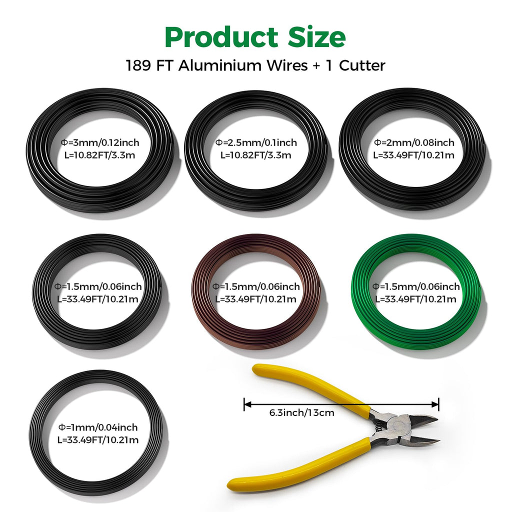 Bonsai Wire Kit with Cutter, Anodized Aluminum-189FT 7 Rolls 5 Sizes 1-3mm