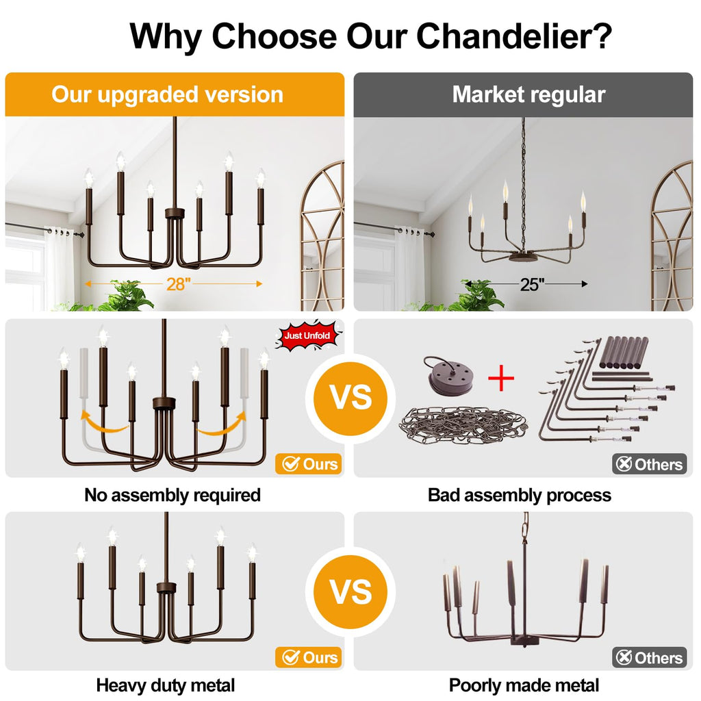 6-Light Farmhouse Chandelier for Dining Room Lighting Fixtures Hanging, Oil-Rubbed Bronze Dining Light Fixtures Industrial Chandelier for Bedroom, Foyer, Hall, Kitchen, Living Room and Entryway