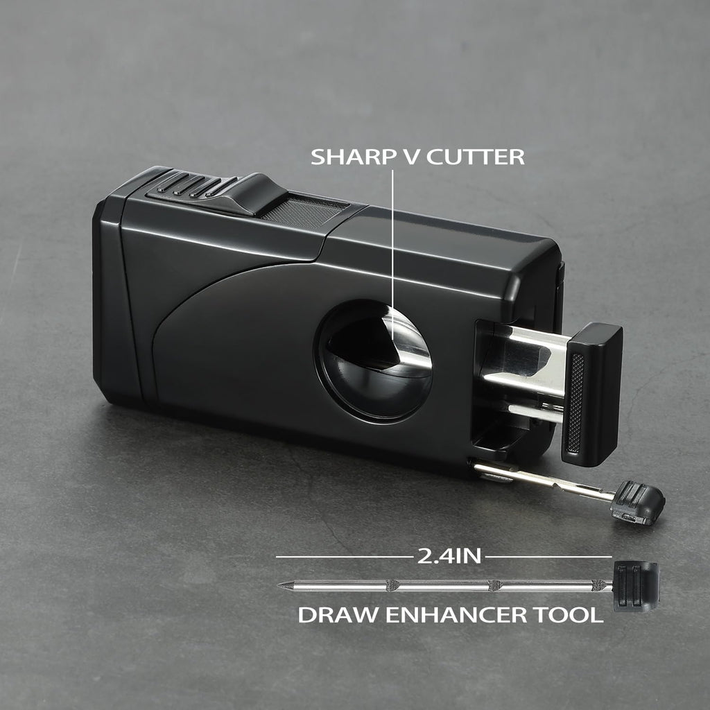 All in One Triple Jet Flame Butane Torch Lighter Built-in Cutter, Cutter V Cut, Punch, Holder Function, Draw Enhancer Tool, Refillable and Adjustable Windproof Lighter. Black(Sold Without Gas)