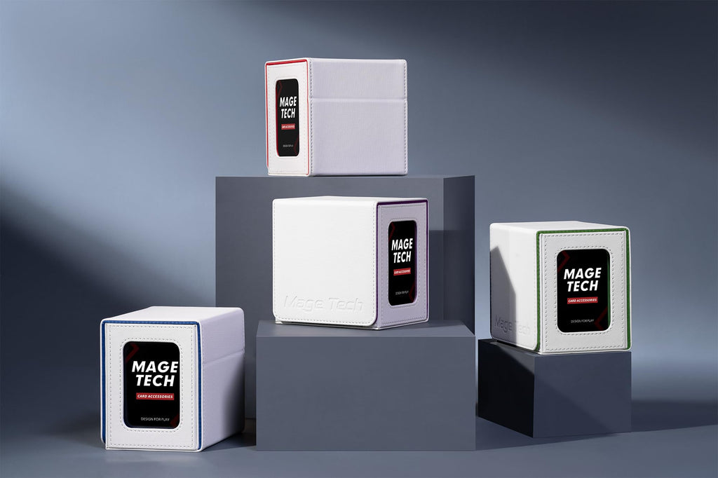 Mage Tech Card Deck Box for MTG Commander - Patented Design, Commander Display, Fits 100 Double-Sleeved Cards, 35pt Card Brick & Dice Tray - White/Purple