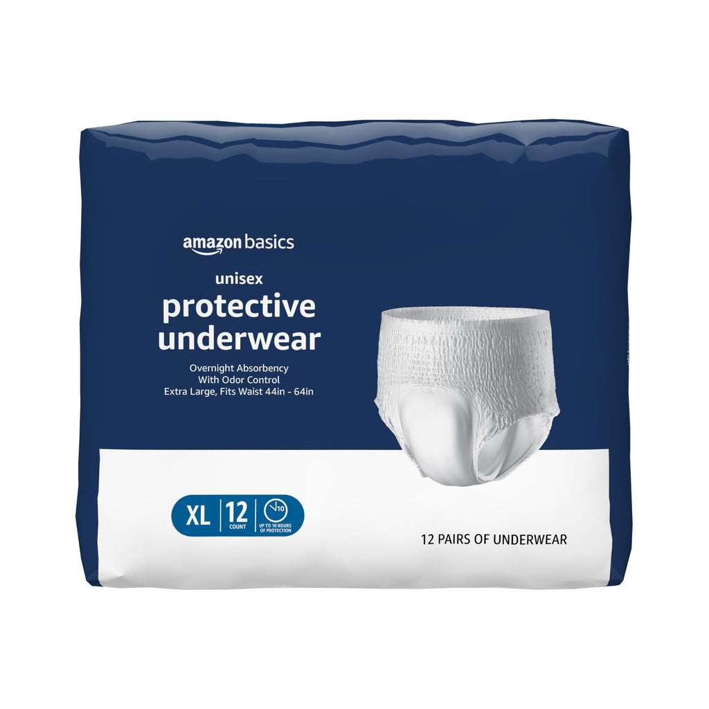 Amazon Basics Unisex Protective Underwear, Overnight Absorbency, Extra Large, 12 Count, (1 Pack of 12)