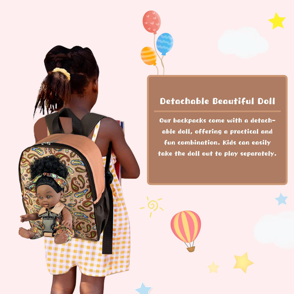 Nice2you Black Baby Doll in Take Along Backpack Carrier, 10in American African Girl Doll for Toddlers and Kids Aged 1-3 2 4 5 Year Old, Backpack for Baby Doll Accessories Storage