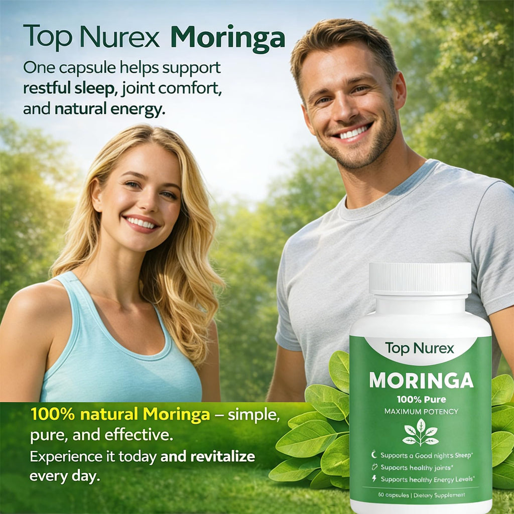 Top Nurex Moringa Capsules - Natural Green Superfood Supplement for Sustained Energy, Immune Support & Digestive Wellness - Non-GMO, Vegan, 60Ct