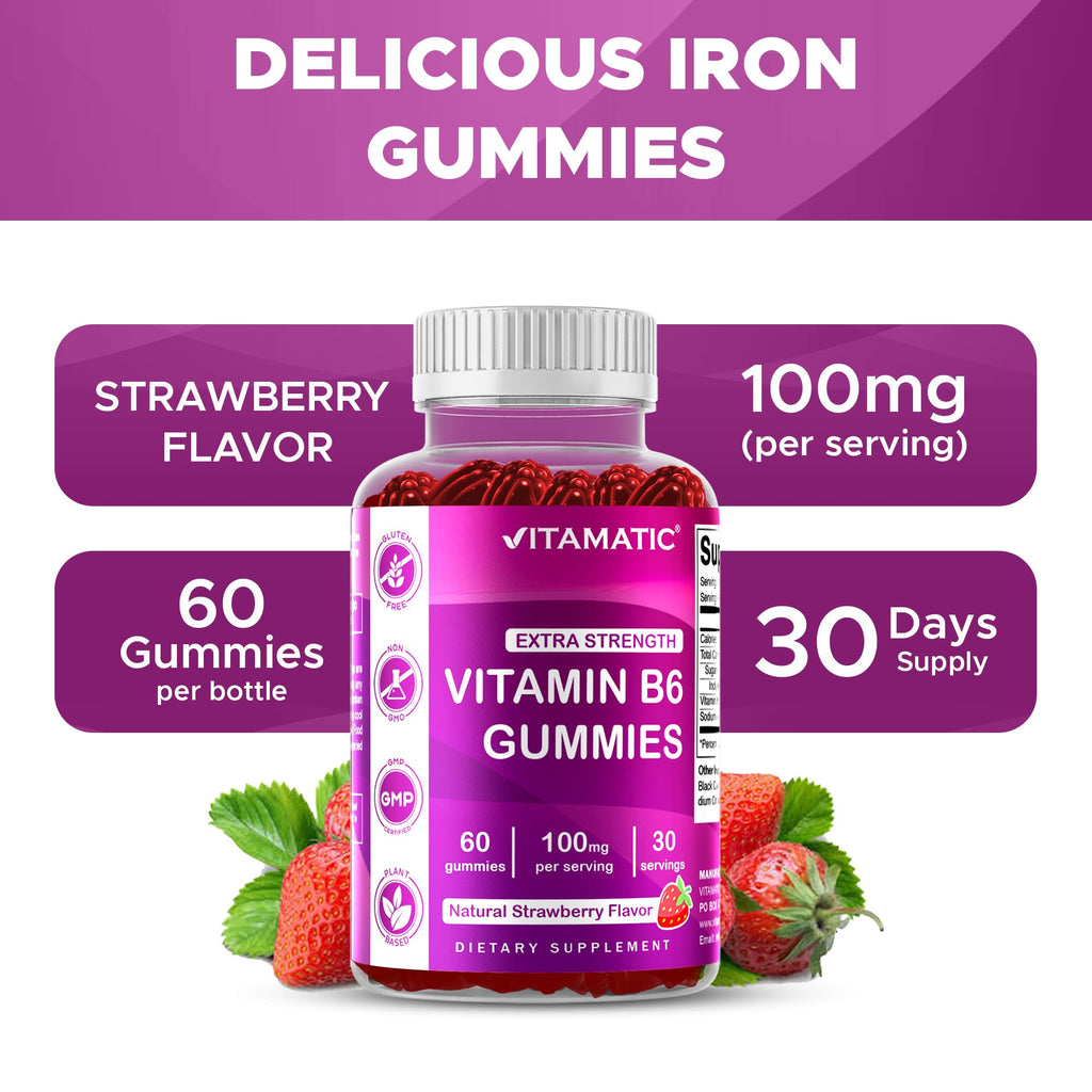Vitamatic 2 Packs Vitamin B6 100mg Gummies – Natural Strawberry Flavor – 60 Pectin-Based Gummies per Bottle – Nervous System & Energy Support