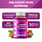 Vitamatic 2 Packs Vitamin B6 100mg Gummies – Natural Strawberry Flavor – 60 Pectin-Based Gummies per Bottle – Nervous System & Energy Support