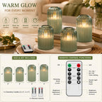 Lezonic Green Glass Flameless Candles with Remote, Set of 4 Dancing Flame LED Pillar Candles, Real Wax Battery Operated Candles with 2/4/6/8H Timer, Fall Halloween Thanksgiving Christmas Decor