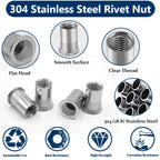 Vifmy Metric & SAE Rivet Nut Assortment Kit(300 Pcs), M3 M4 M5 M6 M8 M10 M12#8-32#10-24 1/4"-20 5/16"-18 3/8"-16 304 Stainless Steel Rivnut Set UNC Flat Head Nutsert