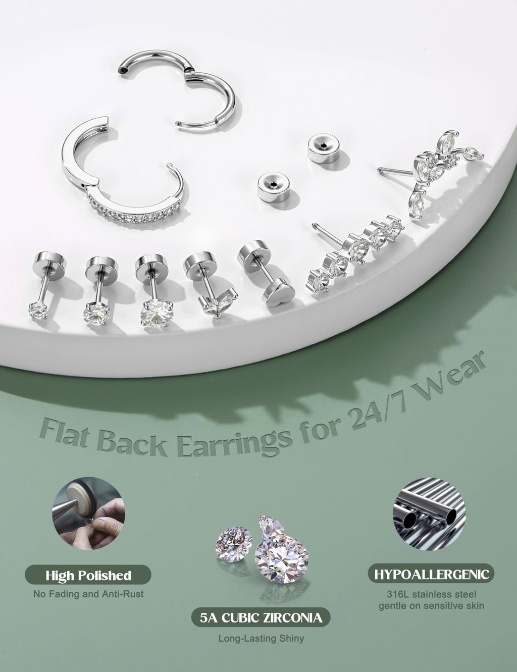 LOLIAS Hypoallergenic Flat Back Earrings Cartilage Earring Stacks - Surgical Steel Earrings for Sensitive Ears - Small Stainless Steel Flatback Stud Hoop Earring Sets for Helix Tragus Conch Daith Multiple Piercing Jewelry Trendy Silver