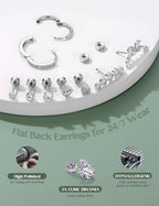 LOLIAS Hypoallergenic Flat Back Earrings Cartilage Earring Stacks - Surgical Steel Earrings for Sensitive Ears - Small Stainless Steel Flatback Stud Hoop Earring Sets for Helix Tragus Conch Daith Multiple Piercing Jewelry Trendy Silver