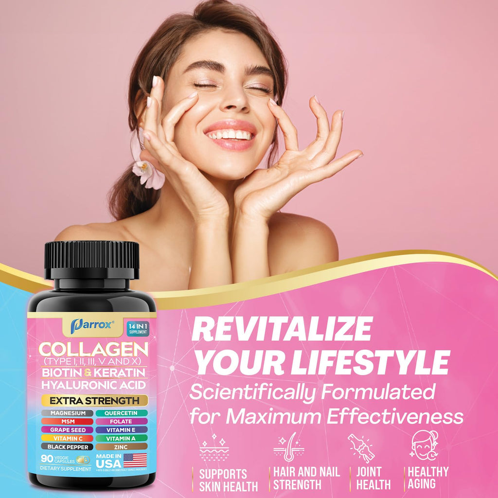 Parrox Collagen Peptides Types I, II, III, V & X, MCG Biotin, Keratin, Hyaluronic Acid, MSM, Zinc, Grape Seed Extract, Quercetin, Vitamin A, Vitamin C, Vitamin E, Magnesium, Folic Acid (90 Capsules)