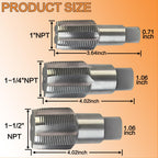3-Piece NPT Pipe Tap Set, Precision Carbon Steel Tap Set for Clean Accurate Threads, 1", 1-1/4", 1-1/2" NPT Tap, Perfect for Plumbers Mechanics DIYers, with Durable Plastic Case.