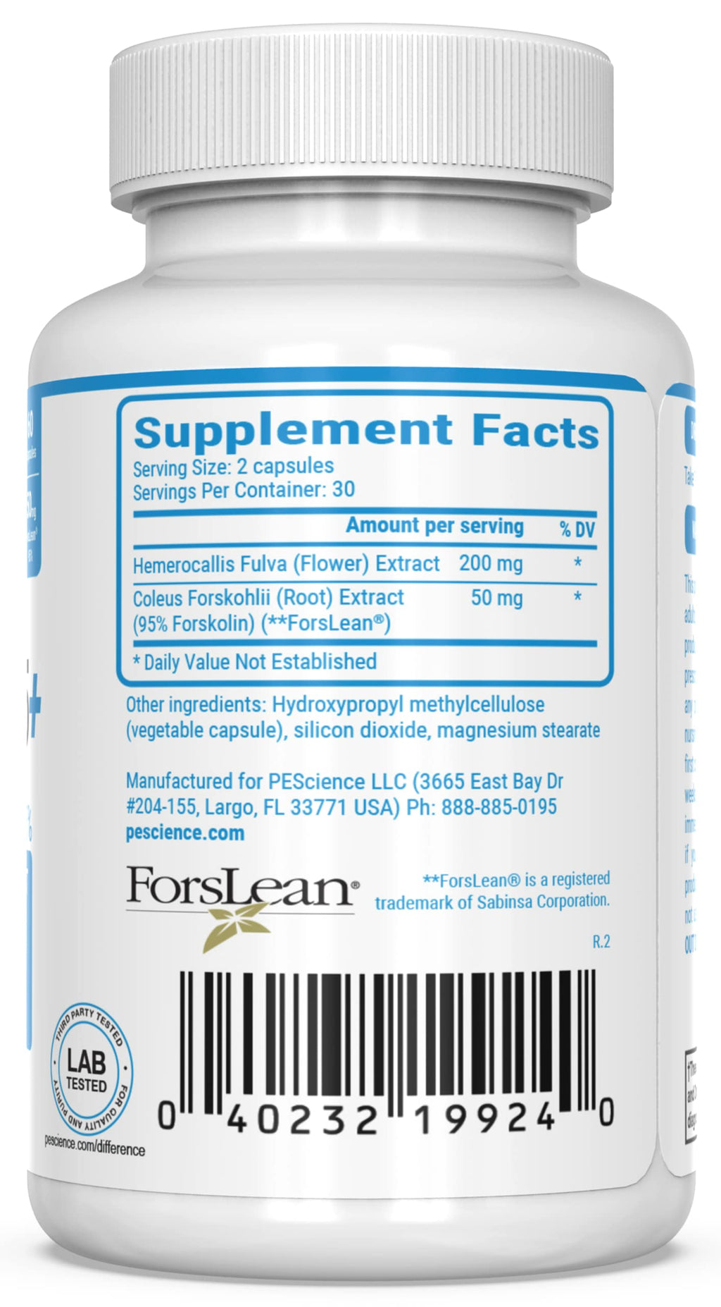 PEScience Forskolin-95+ Capsules, 95% Pure Forskolin from Coleus Forskohlii Extract with Hemerocallis Fulva Extract, Patented ForsLean, 50mg, 60 Count