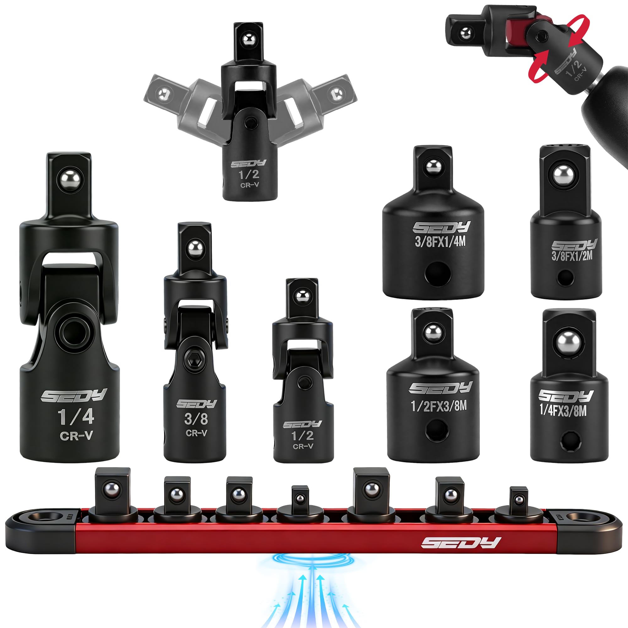 Universal Joint Socket Reducer: 7-Piece Impact Wobble U Joint & Adapter Set with Magnetic Aluminum Storage Rail - Premium Cr-V Steel 1/4", 3/8" & 1/2" Drive