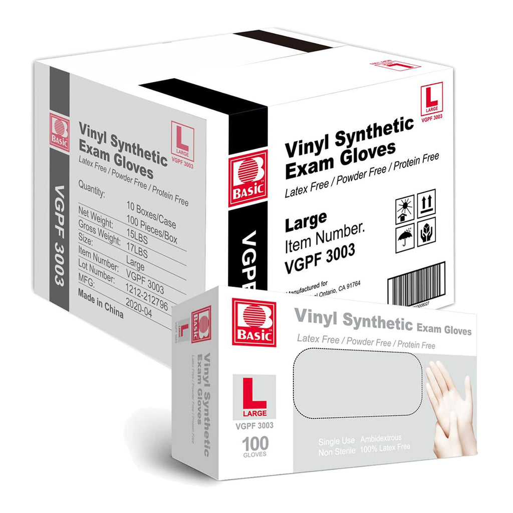 Basic Medical Clear Vinyl Exam Gloves, Latex-, Powder-Free, Case of 1,000, Large