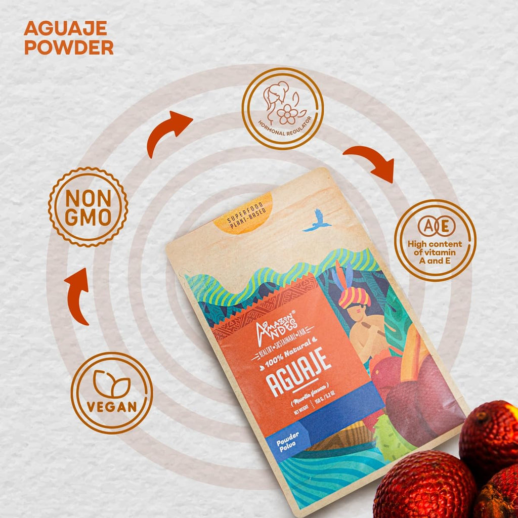 Amazon Andes Aguaje Fruit Powder - Buriti Wild Harvested in Peru - Support Menstrual Disorder - Non-GMO Allegen-Free & Vegan - Halal - Contains Phytoestrogens - 5.2 Ounce (40 Servings)