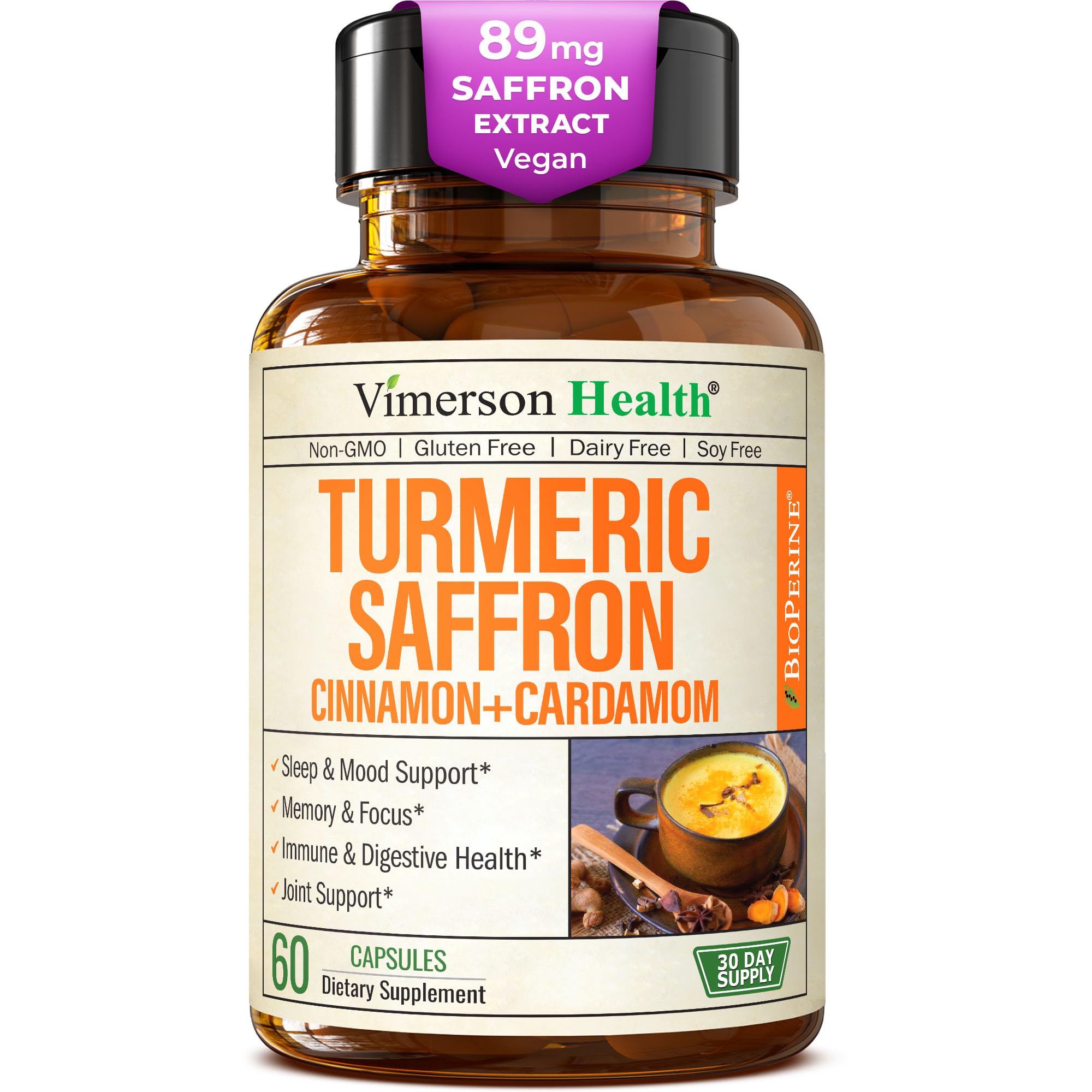 Saffron Supplements – 89mg Saffron Extract and 1000mg Tumeric Blend – Turmeric Supplement with Ceylon Cinnamon and Cardamom for Mood, Memory & Eye Health – Joint Supplements for Women & Men – 60 Count