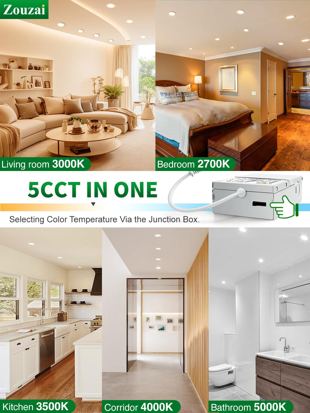 zouzai 12 Pack 4 Inch LED Recessed Ceiling Light, 9W=60W, 5CCT, Dimmable