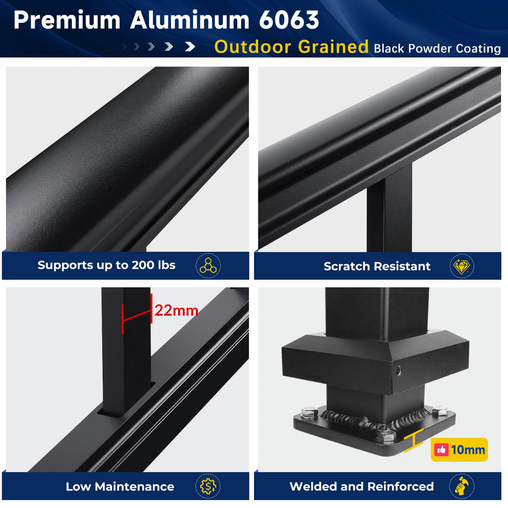 Egadis 36 in. H x 8 ft. W Aluminum Stair Railing Kit, Railings for Outdoor Steps, Black Textured AAMA 2604 Powder-Coat Finish Modular Rail System for Concrete Steps or Wooden Stairs(1 Post, 1 Panel)