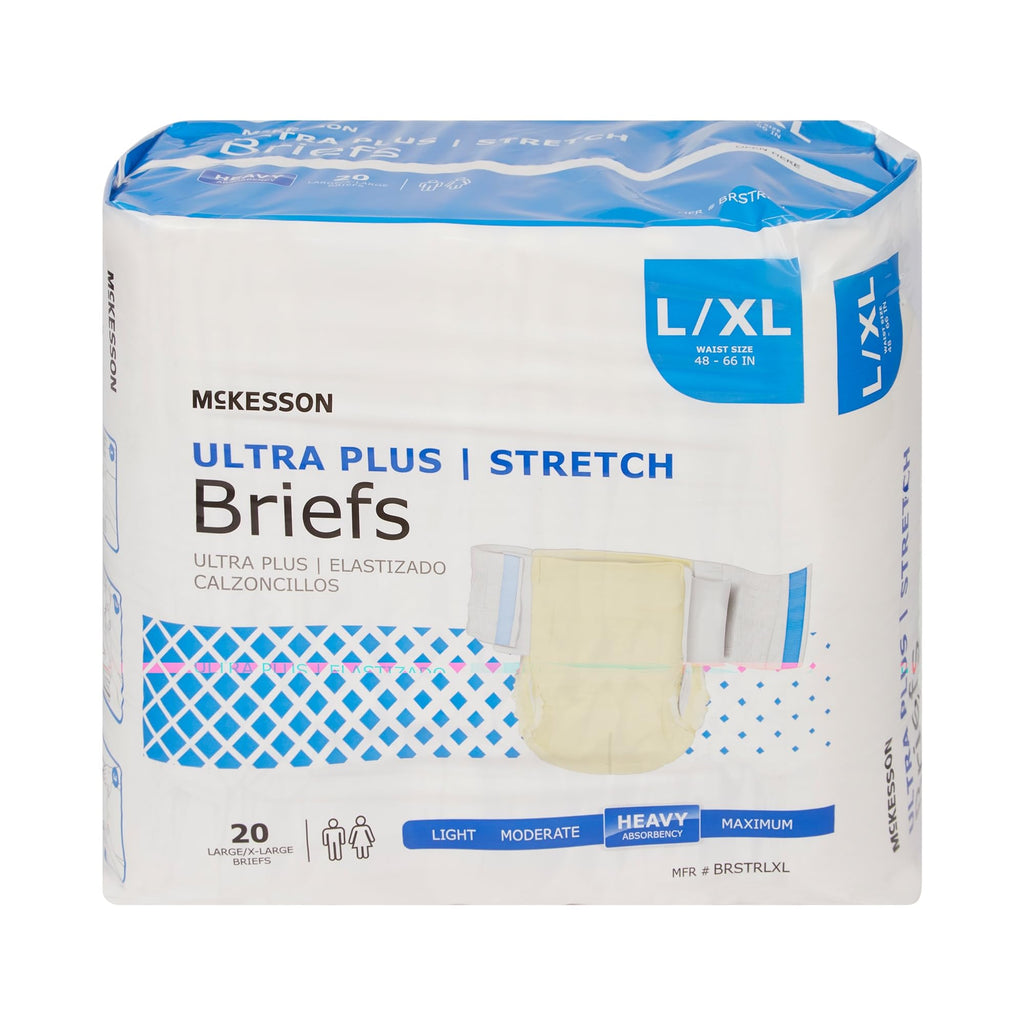 McKesson Ultra Plus Stretch Briefs, [80 Count], L/XL, 48-66 in. Incontinence Adult Diapers, Heavy Absorbency, Unisex, Disposable, Elastic Leg Gathers and Contoured Fit for Men and Women