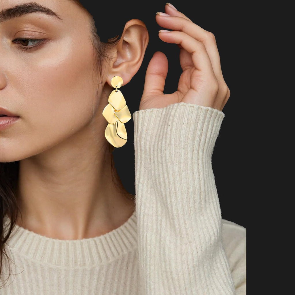 Sylph 18K Gold Plated Dangle Earrings for Women, Bohemian Chandelier Earring Stud, Lightweight Teardrop Hammered Drop Earrings Boho Jewelry for Party