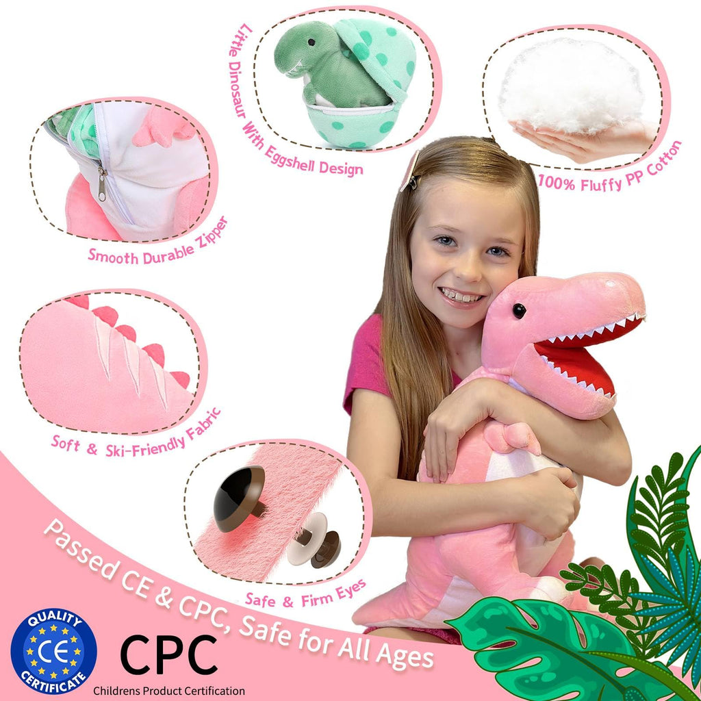 MorisMos Dinosaur Stuffed Animal with Babies, Eggs, Pink, Girl Dinosaur Toy