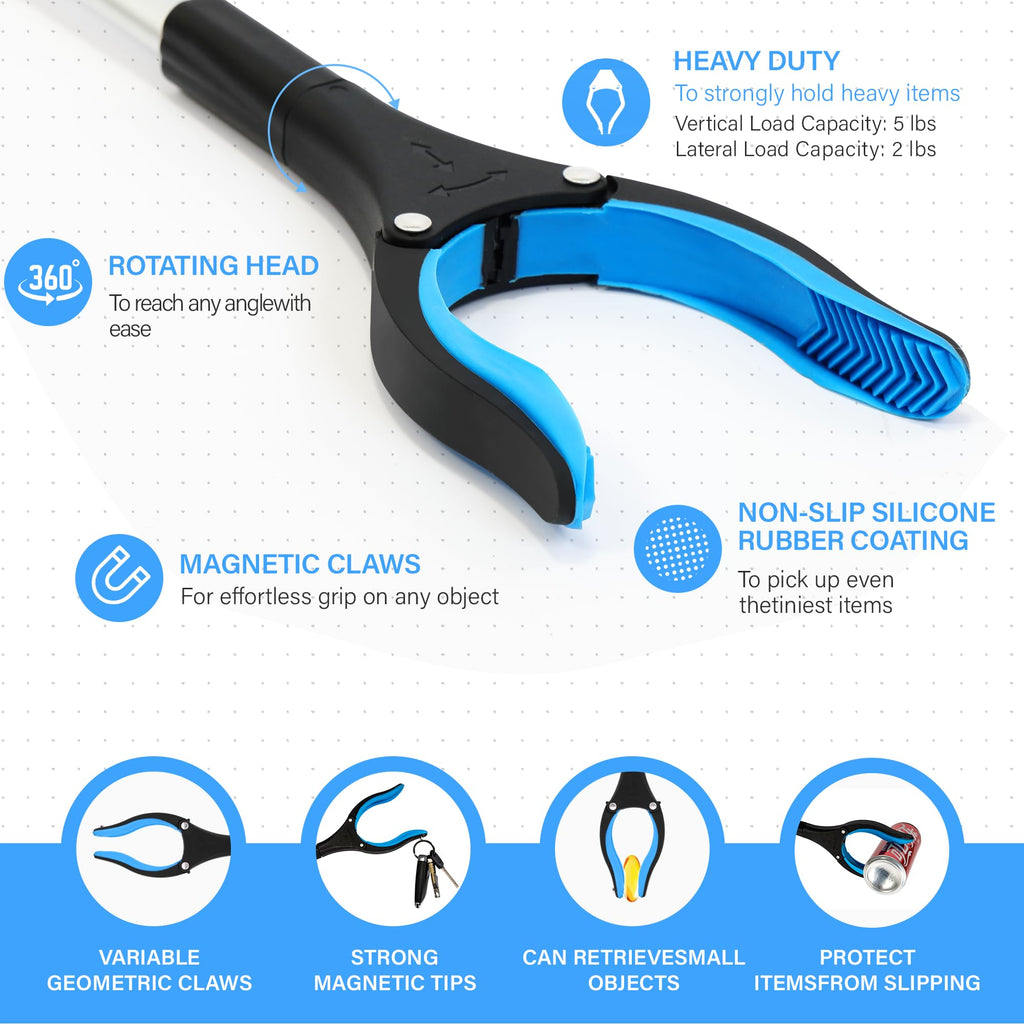2 Pack 32 inch GrabRunner Reacher Grabber Tool with Strong Magnetic and Swivel Head (New Blue)