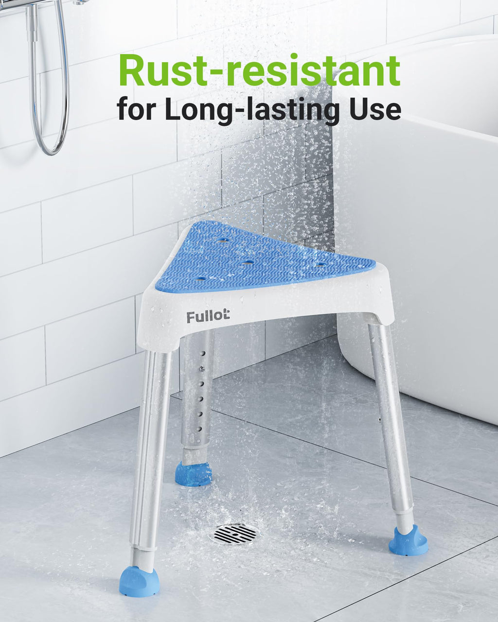 Space-Saving Triangular Shower Chair for Elderly and Disabled, 400 lbs Adjustable Shower Stool Seat with Stable-Bracing, Non-Slip Bathtub Chair, Tool-Free Assembly, Blue With Eva Pad