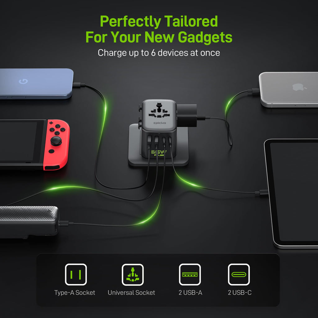 Epicka Pulse Duo 65W Universal Travel Adapter, International Power Adapter with PD & QC 3.0 Fast Charging for 2 Devices Simultaneously, European Travel Plug Adapter, Travel Essentials (Black)
