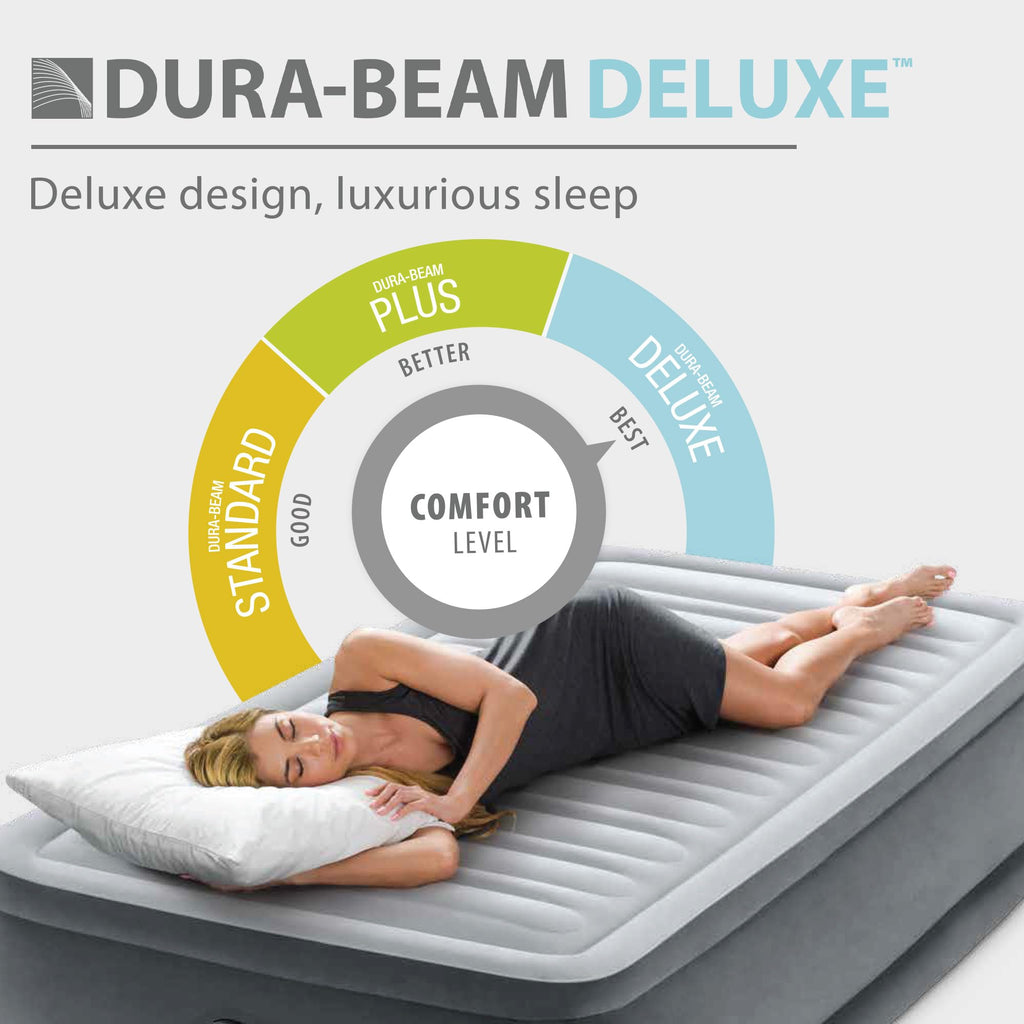 Intex 64417ED 22in Queen Dura-Beam Comfort Plush High-Rise Inflatable Air Mattress with Built in Pump for Travel and Camping, 600lb Weight Capacity