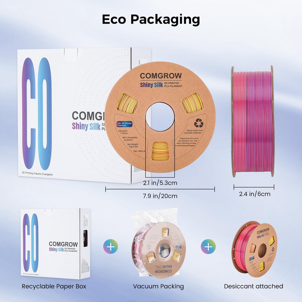 Comgrow Tri-Colors Silk PLA 3D Printer Filament, Rainbow PLA Filament 1.75mm, Dimensional Accuracy +/- 0.02 mm, 4KG Spool, Coextrusion 3D Filament with Shiny Silk