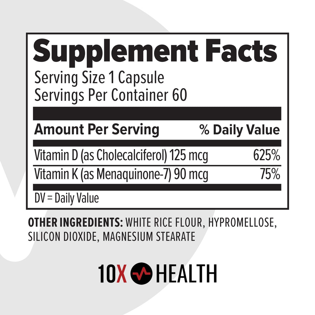 10X Health Vitamin D3 5000 IU & K2 MK7 - Menaquinone 7, High-Potency D3 K2 Vitamin Supplement for Bone Health, Heart and Teeth - 125 mcg Vitamin D & 90 mcg Vitamin K2-60 Capsules