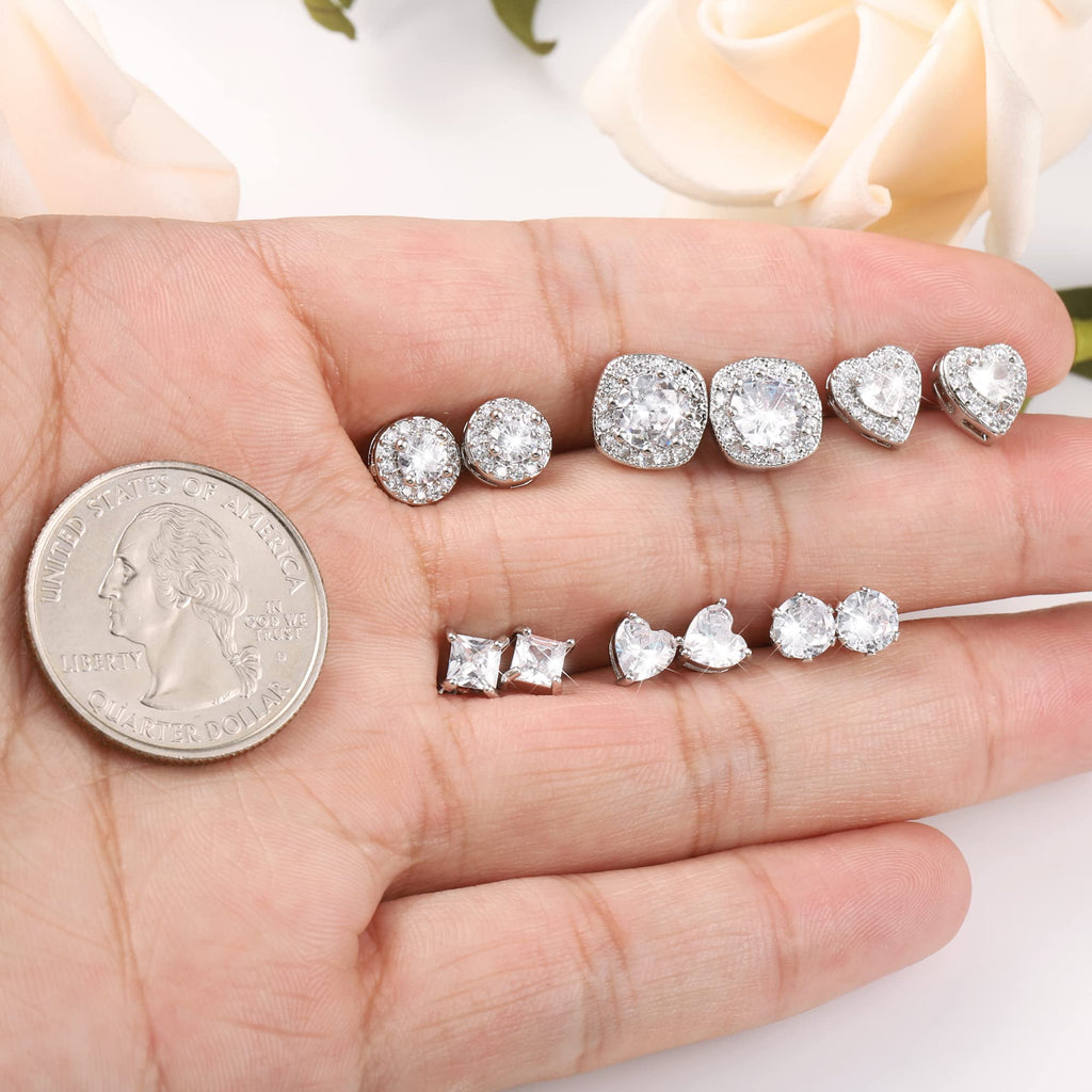 ALEXCRAFT Silver Stud Earrings for Women, Sterling Silver Cubic Zirconia Halo Stud Earrings Set Round Heart Square Diamond Studs Valentines Earrings Pack, 6 Pairs