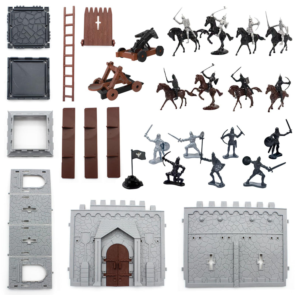 Plustopoy Medieval Castle Knight Toy Soldier Army Figurines, DIY Assembled Cavalry, Arrow Tower,8 Knights and 8 Horse, 36 Soldiers, Simulated Siege War of Attack Castle Toy for Boys