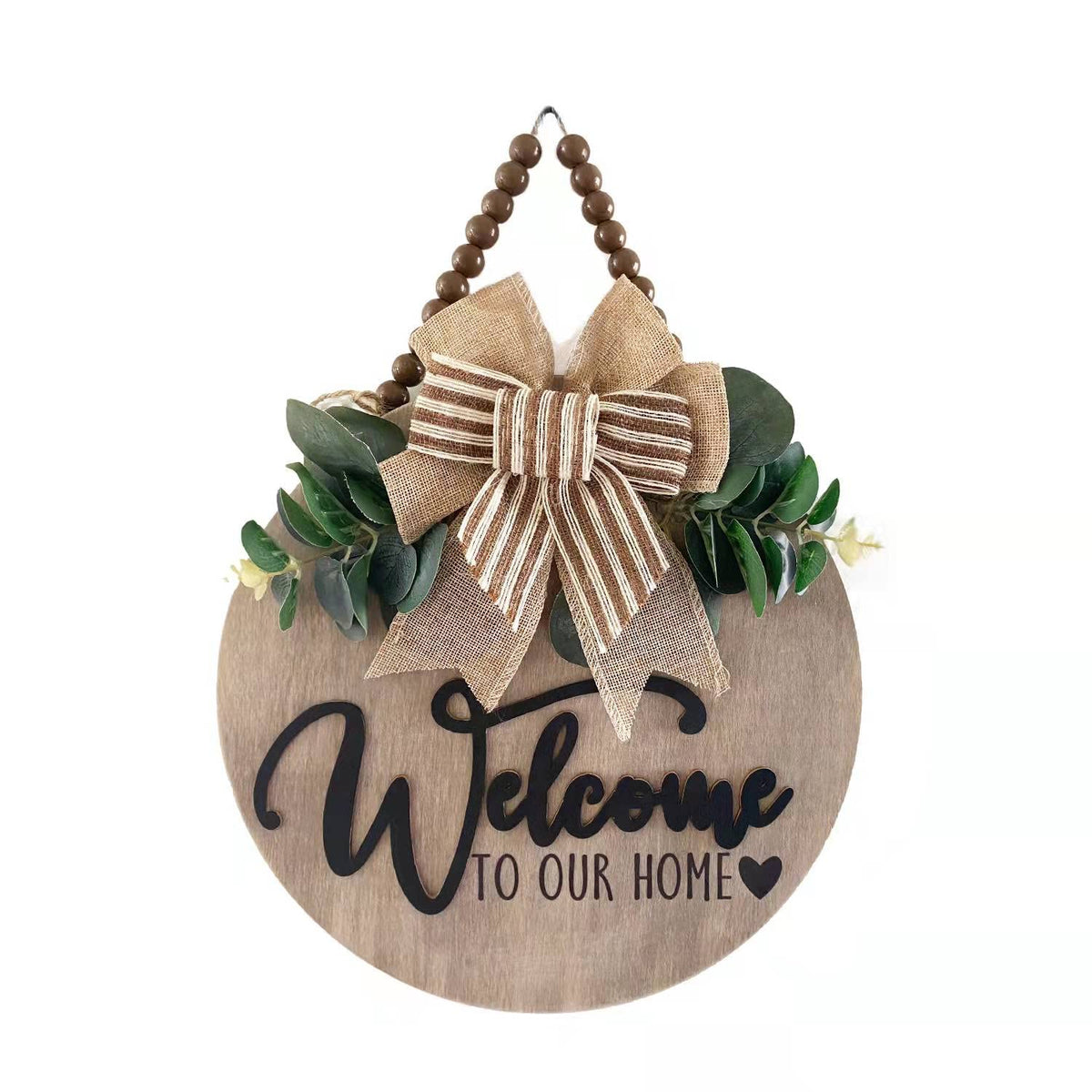 Condorpasea 3D Welcome Sign for Front Door | Home/Farmhouse Porch Décor Wooden Hanging Sign with Artificial Leaves and Rustic Beads | Christmas Classroom |12" Round