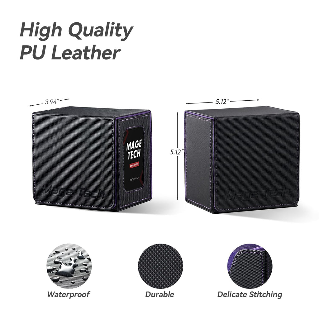 Mage Tech Card Deck Box for MTG Commander - Patented Design, Commander Display, Fits 100 Double-Sleeved Cards, 35pt Card Brick & Dice Tray - Black/Purple