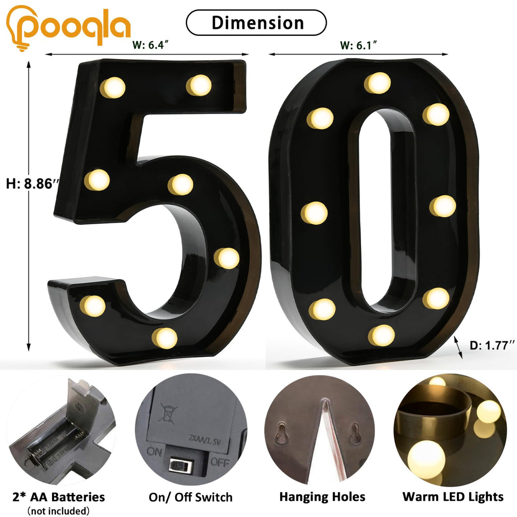 Pooqla Decorative Led Light Up Number Letters, Black Plastic Marquee Number Lights Sign for 50th Birthday Party Wedding Decor Battery Operated Black Decoration 50